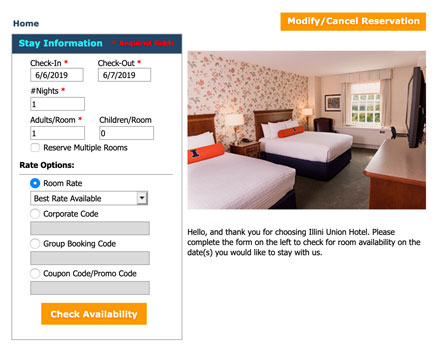 website form used to reserve a room